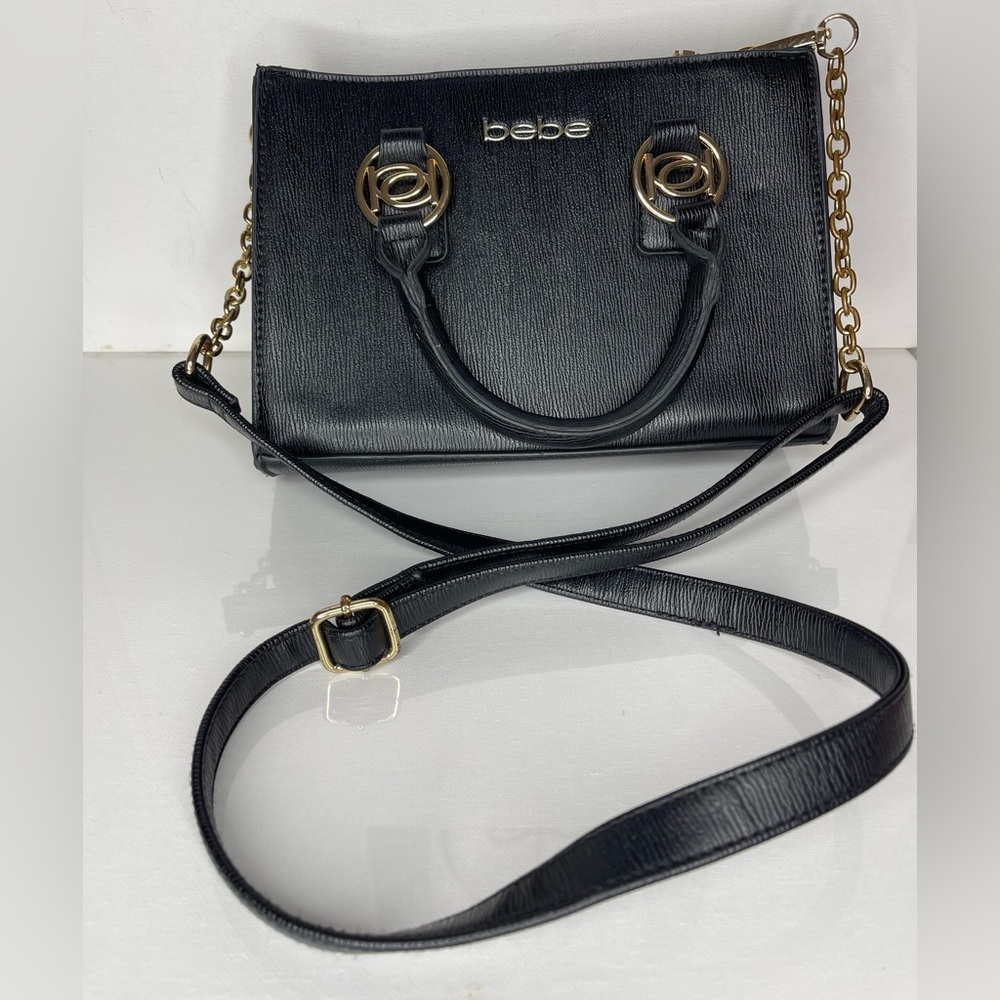 BEBE Sarah Mini Satchel Crossbody Purse Handbag Gold Chain Removable Strap Party